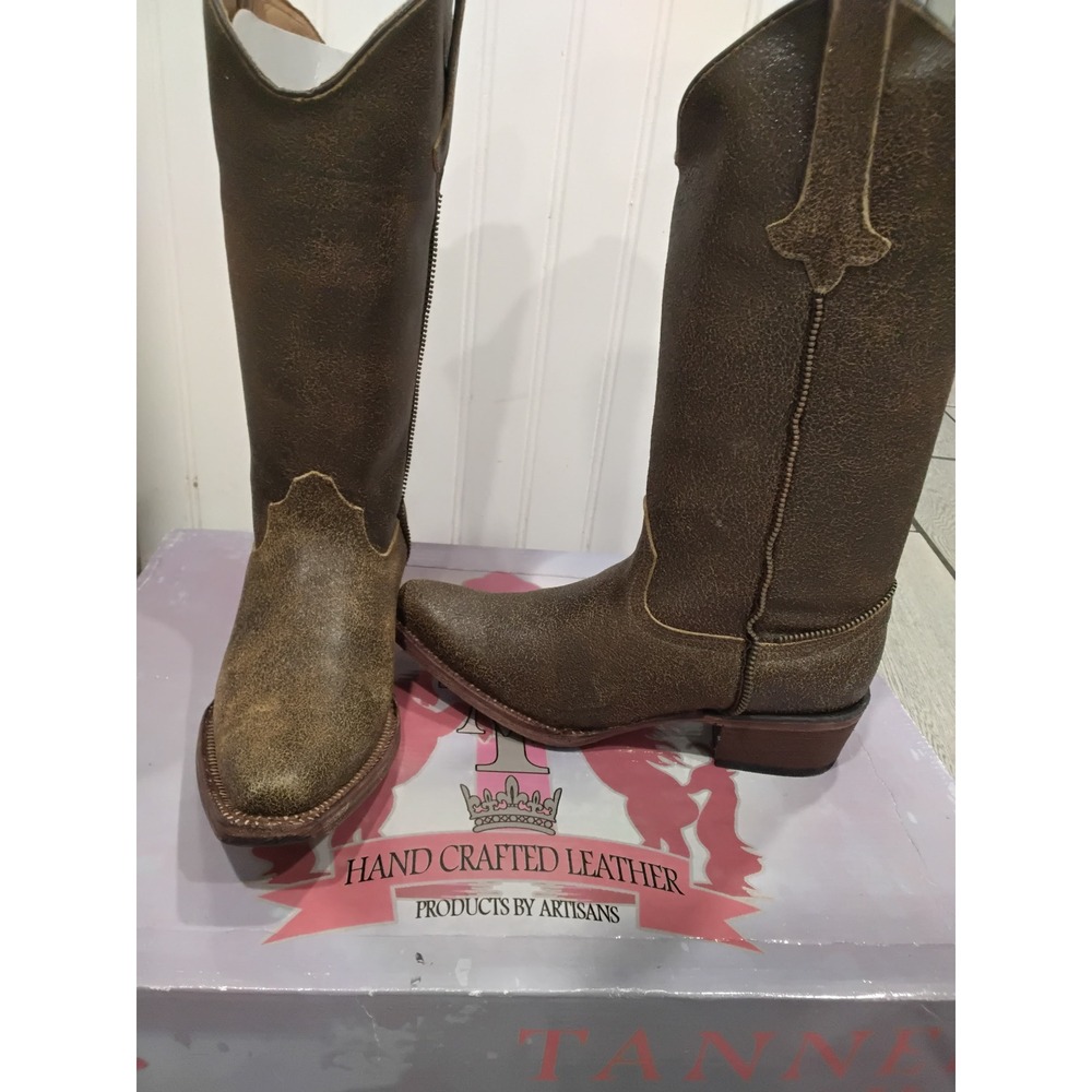 Tanner Mark Womens Snip Toe Crackle Military Leather Western Boots Brown 6.5